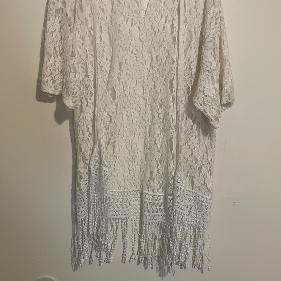 Charlotte Russe | White Lace Sheer Cardigan with Fringe - Picture 2 of 6